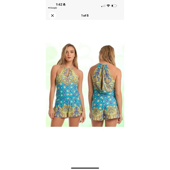 Trina Turk Turquoise Corsica Print Halter Jersey Short Cover Up Romper S - Picture 1 of 5